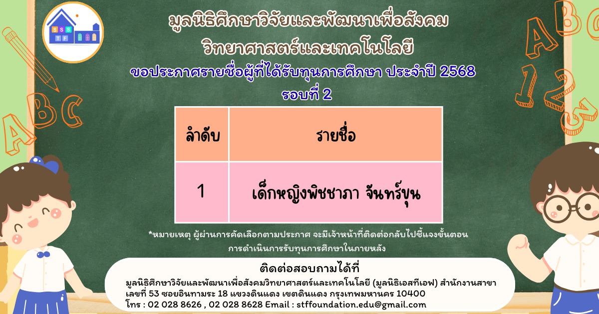 ประกาศรายชื่อผู้ได้รับทุนการศึกษามูลนิธิฯ รอบ 2 ปี 2568